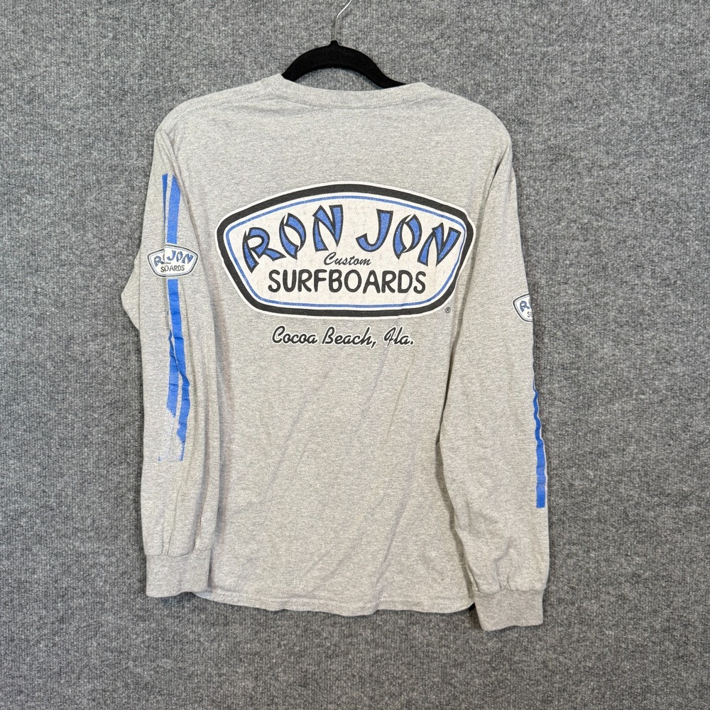Ron Jon Surf Shop Tshirt Adult Medium Gray‎ Blue Striped Logo Long Sleeve Surf